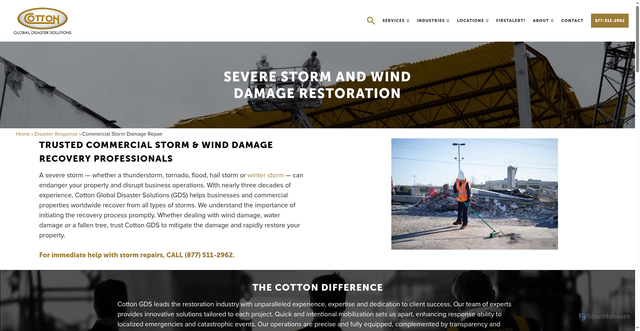 Security scan screenshot of https://cottongds.com/disaster-response/commercial-storm-damage-repair