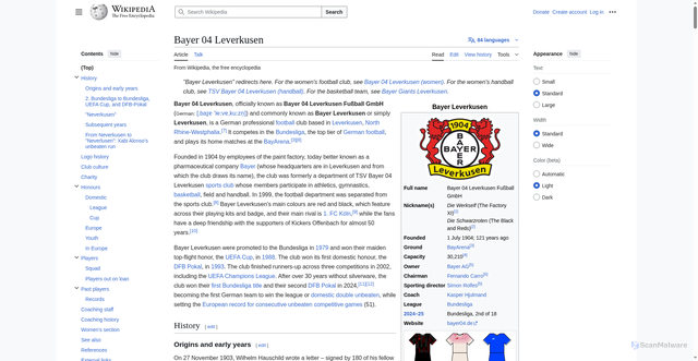 Security scan screenshot of https://en.wikipedia.org/wiki/Bayer_04_Leverkusen