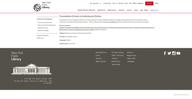 Security scan screenshot of https://www.nypl.org/collections/articles-databases/foundation-grants-individuals-online