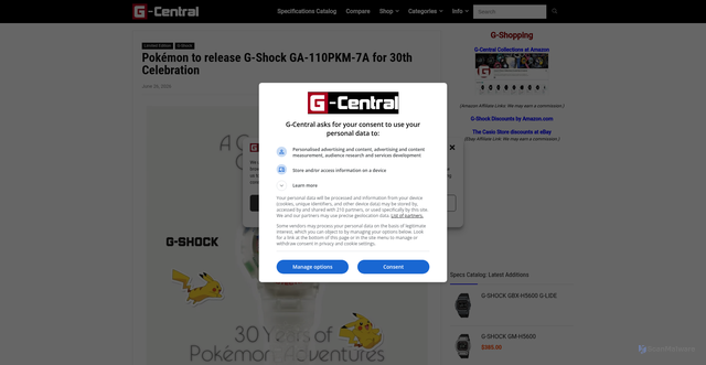 Security scan screenshot of https://www.g-central.com/pokemon-to-release-g-shock-ga-110pkm-7a-for-30th-celebration/