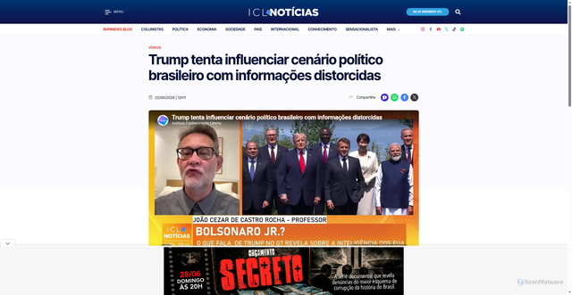 Security scan screenshot of https://iclnoticias.com.br/video/trump-tenta-influenciar-cenario-politico-brasileiro-com-informacoes-distorcidas/