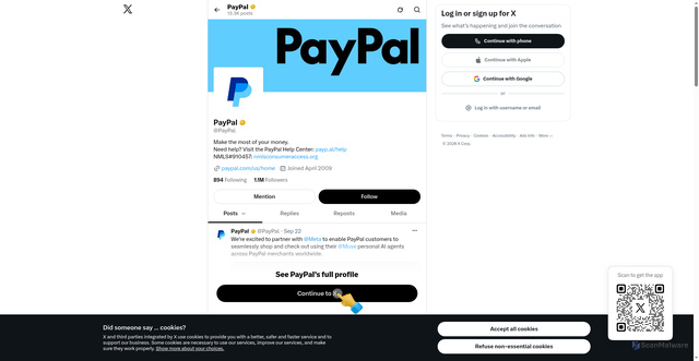 Security scan screenshot of https://x.com/PayPal?v=1%2C0.1&utm_source=unp&utm_medium=email&utm_campaign=RT004167&utm_unptid=eda4df2a-c349-11f1-9870-a3dc1c0c4795&ppid=RT004167&cnac=US&rsta=en_US%28en-US%29&cust=E6ZBS7U7RCNXY&unptid=eda4df2a-c349-11f1-9870-a3dc1c0c4795&calc=e0afad612e0d5&unp_tpcid=da_rt004167_pre_closure&page=main%3Aemail%3ART004167&pgrp=main%3Aemail&e=re&mchn=em&s=ci&mail=sys&appVersion=1.446.0&tenant_name=PayPal&xt=185428%2C182450%2C185426%2C175543%2C104038%2C183981%2C184725%2C180509&xe=115153%2C114833%2C115152%2C114002%2C101255%2C114941%2C115052%2C114543&link_ref=twitter.com_paypal