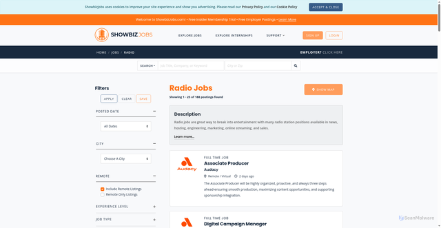 Security scan screenshot of https://www.showbizjobs.com/jobs/category/radio