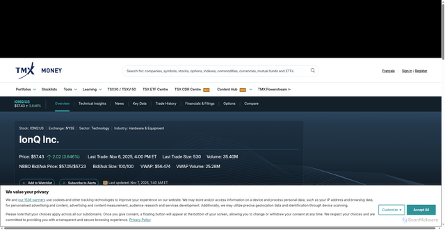 Security scan screenshot of https://money.tmx.com/en/quote/IONQ:US