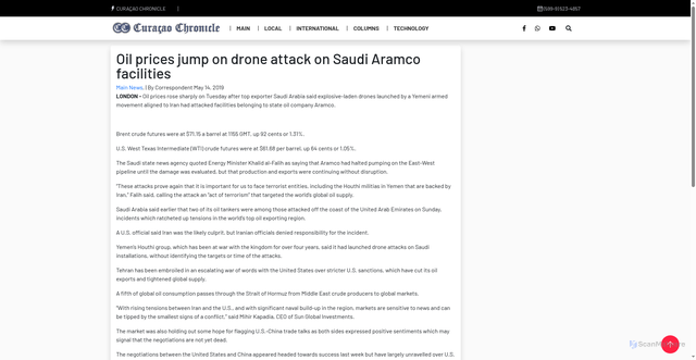 Security scan screenshot of https://www.curacaochronicle.com/post/unknown/oil-prices-jump-on-drone-attack-on-saudi-aramco-facilities