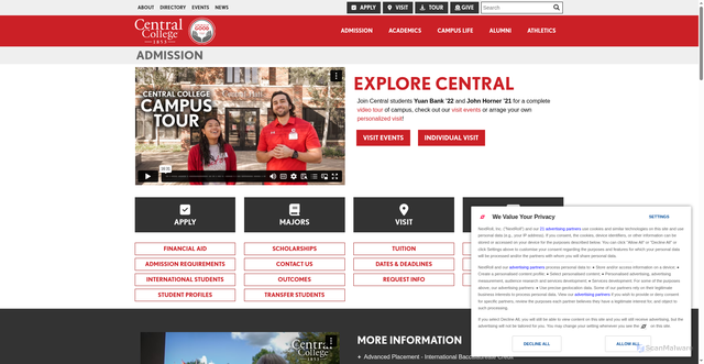 Security scan screenshot of https://central.edu/admission/