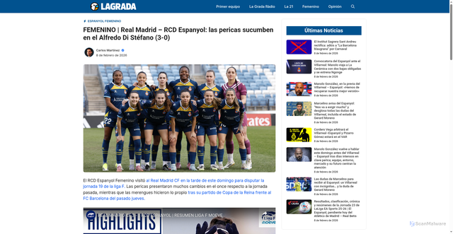 Security scan screenshot of https://lagrada.org/cronica-real-madrid-rcd-espanyol-femenino-liga-f/