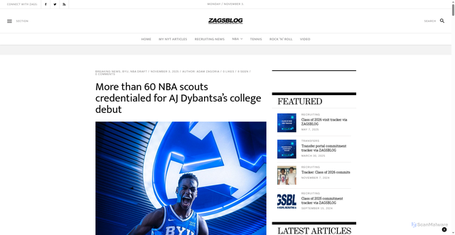 Security scan screenshot of https://www.zagsblog.com/2025/11/03/more-than-60-nba-scouts-credentialed-for-aj-dybantsas-college-debut/