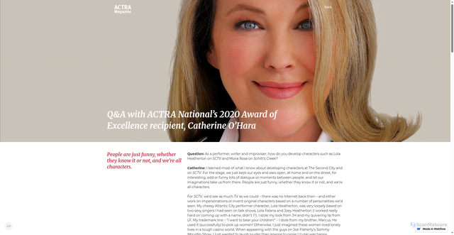 Security scan screenshot of https://actramagazine.webflow.io/2020winter/catherine-ohara