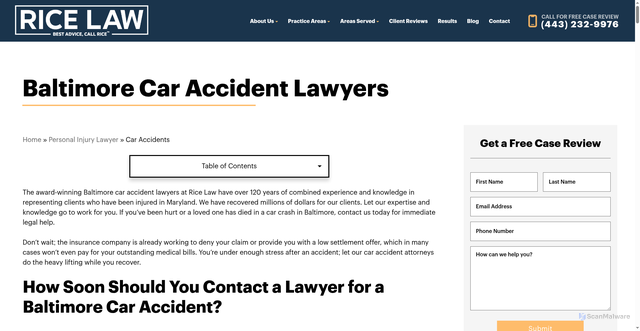 Security scan screenshot of https://ricelawmd.com/personal-injury/baltimore-car-accident-lawyer/