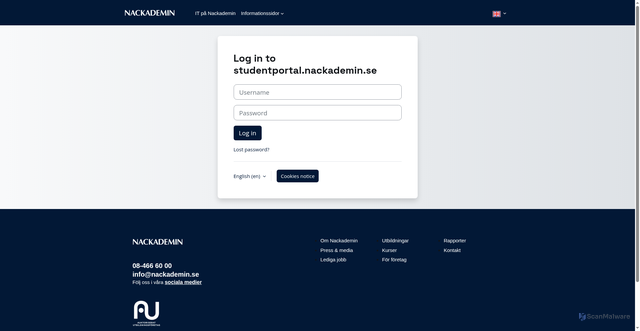 Security scan screenshot of https://studentportal.nackademin.se/login/index.php