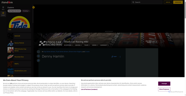 Security scan screenshot of https://stockcarracing.fandom.com/wiki/Denny_Hamlin