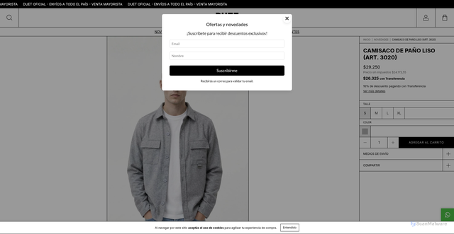 Security scan screenshot of https://duetonline.com.ar/productos/camisaco-de-pano-liso-art-3020-1qwiz/
