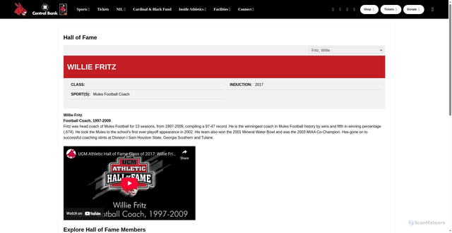 Security scan screenshot of https://ucmathletics.com/honors/hall-of-fame/willie-fritz/272