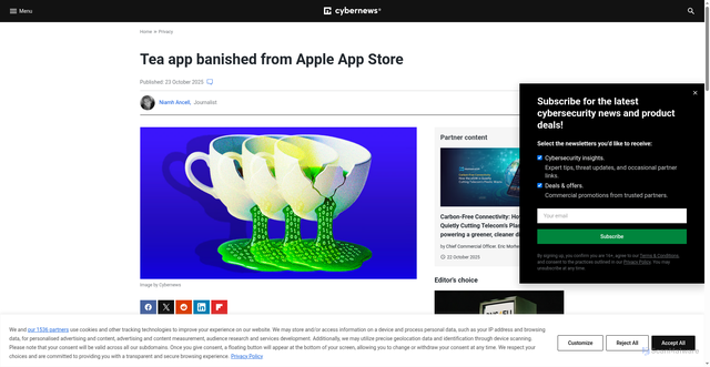 Security scan screenshot of https://cybernews.com/privacy/tea-app-delisted-apple-app-store/