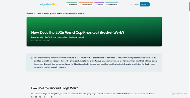 Security scan screenshot of https://www.judgemate.com/en/guides/world-cup-2026-knockout-bracket-explained