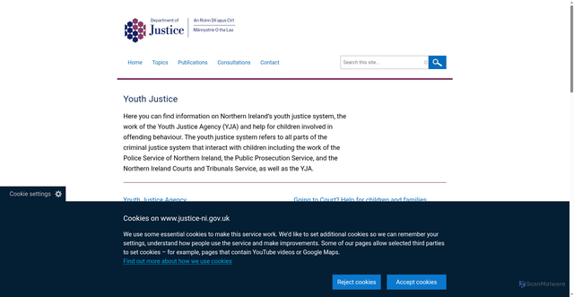 Security scan screenshot of https://www.justice-ni.gov.uk/topics/youth-justice