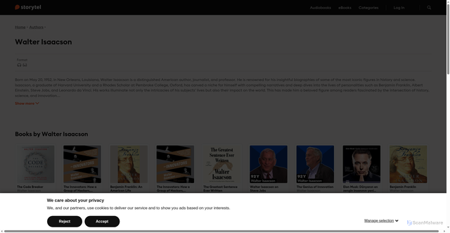 Security scan screenshot of https://www.storytel.com/tv/authors/walter-isaacson-420