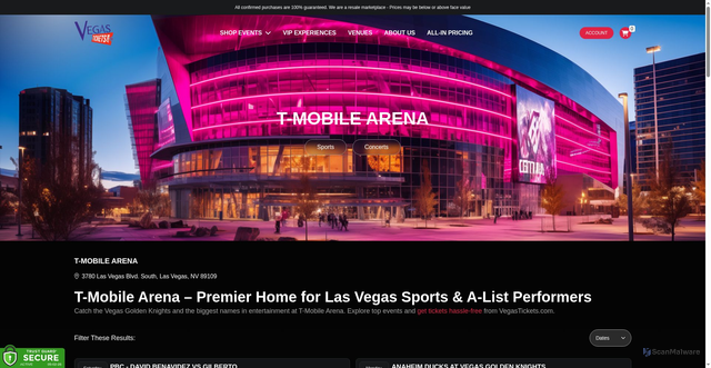 Security scan screenshot of https://www.vegastickets.com/venue/t-mobile-arena-tickets