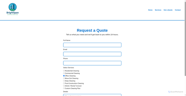 Security scan screenshot of https://brightspancleaning.com/quote.html?service=Office%20Cleaning