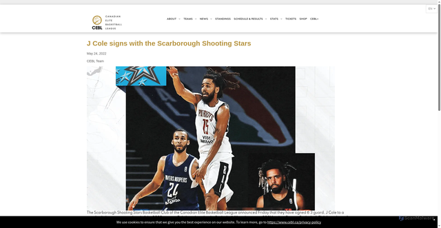 Security scan screenshot of https://www.cebl.ca/news/j-cole-signs-with-the-scarborough-shooting-stars