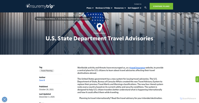 Security scan screenshot of https://www.insuremytrip.com/travel-advice/travel-planning/us-state-dept-travel-advisories/