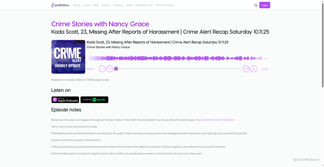 Security scan screenshot of https://podfollow.com/crime-stories-with-nancy-grace/episode/dda6da5b745a7e50cd47cab79e55e27d1c555df9/view