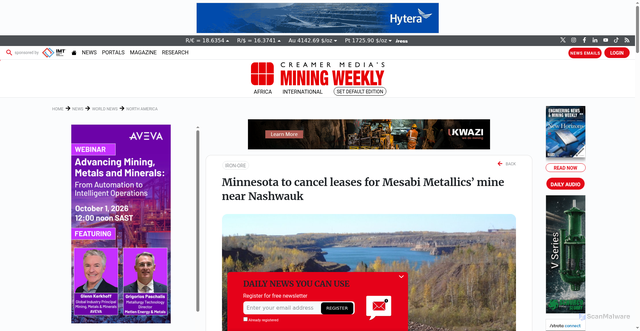 Security scan screenshot of https://www.miningweekly.com/article/minnesota-to-cancel-leases-for-mesabi-metallics-mine-near-nashwauk-2021-05-07