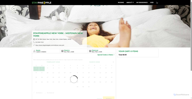 Security scan screenshot of https://reservations.staypineapple.com/?chain=26225&hotel=4341&arrive=2026-01-25&depart=2026-01-26&locale=en_US