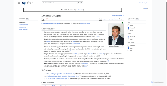 Security scan screenshot of https://simple.wikiquote.org/wiki/Leonardo_DiCaprio