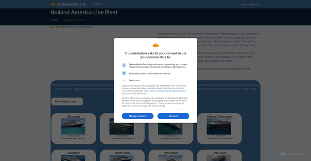 Security scan screenshot of https://www.cruisedeckplans.com/ships/cruiseline.php?line=Holland+America