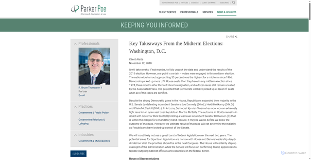 Security scan screenshot of https://www.parkerpoe.com/news/2018/11/impact-in-washington