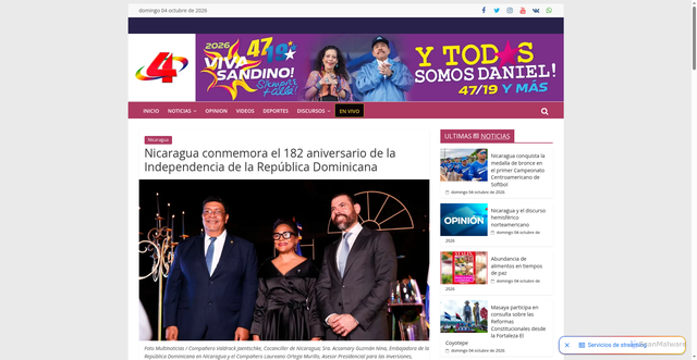 Security scan screenshot of https://www.canal4.com.ni/nicaragua-conmemora-el-182-aniversario-de-la-independencia-de-la-republica-dominicana/
