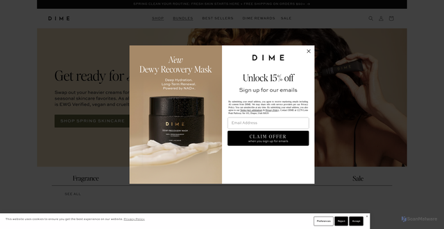 Security scan screenshot of https://dimebeautyco.myshopify.com