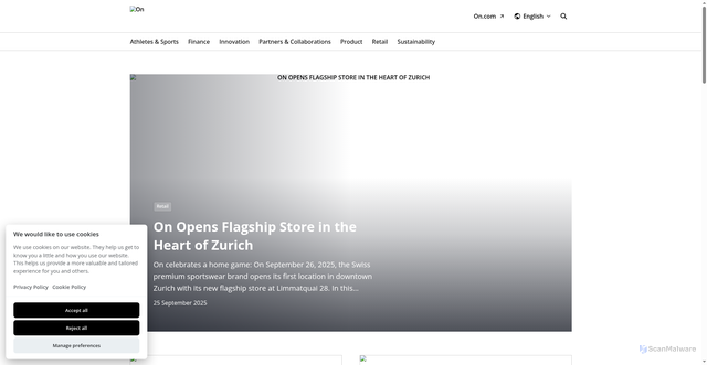 Security scan screenshot of https://press.on-running.com/