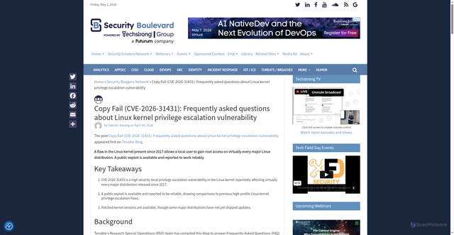 Security scan screenshot of https://securityboulevard.com/2026/04/copy-fail-cve-2026-31431-frequently-asked-questions-about-linux-kernel-privilege-escalation-vulnerability/