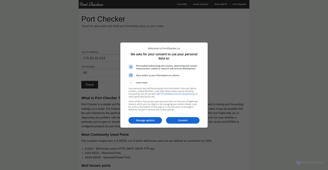 Security scan screenshot of https://portchecker.co/