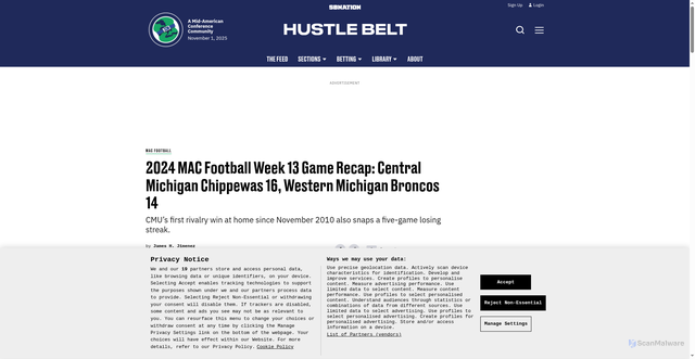 Security scan screenshot of https://www.hustlebelt.com/2024/11/20/24301228/central-michigan-chippewas-western-michigan-broncos-mac-football-game-recap-stats-november-19-2024