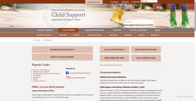 Security scan screenshot of https://www.doj.state.or.us/child-support/