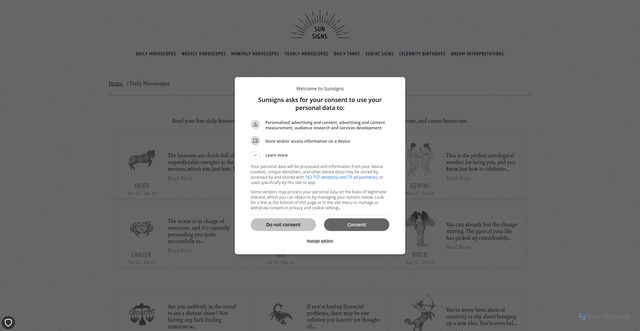 Security scan screenshot of https://www.sunsigns.com/horoscopes/daily