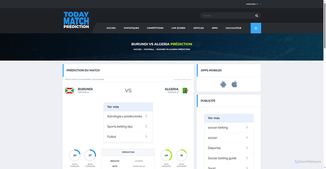 Security scan screenshot of https://www.todaymatchprediction.com/fr/gameprediction/1545841/burundi-vs-algeria.html