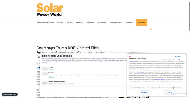 Security scan screenshot of https://www.solarpowerworldonline.com/2026/01/court-says-trump-doe-violated-fifth-amendment-when-canceling-clean-energy-funding-to-blue-states/