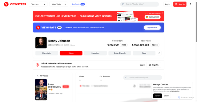 Security scan screenshot of https://www.viewstats.com/@bennyjohnson/videos/XkuUA1ySAYg