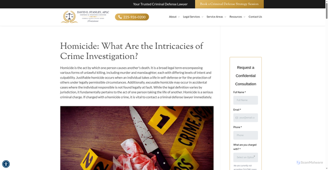 Security scan screenshot of https://davidstanleylaw.com/homicide-what-are-the-intricacies-of-crime-investigation/