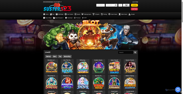 Security scan screenshot of https://apkmontoksuster123.com/desktop/game/slot/live22