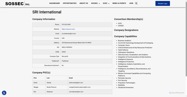 Security scan screenshot of https://sossecinc.com/company/sri-international/