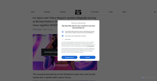 Security scan screenshot of https://hip-hopvibe.com/news/ice-spice-tobey-maguire-alleged-kiss/