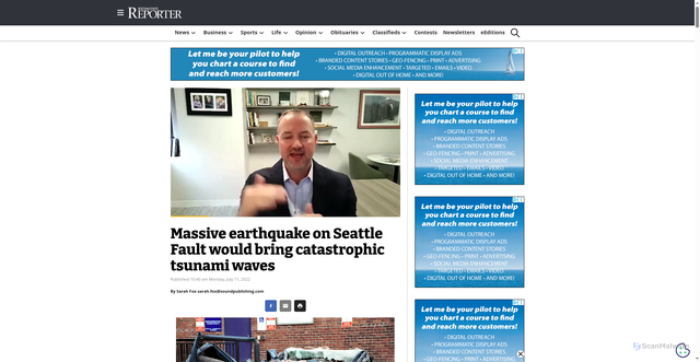 Security scan screenshot of https://www.redmond-reporter.com/2022/07/11/massive-earthquake-on-seattle-fault-would-bring-catastrophic-tsunami-waves/