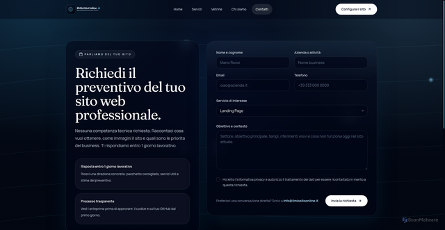 Security scan screenshot of https://ilmiositoonline.pages.dev/contatti?service=Ristorante%20contemporaneo