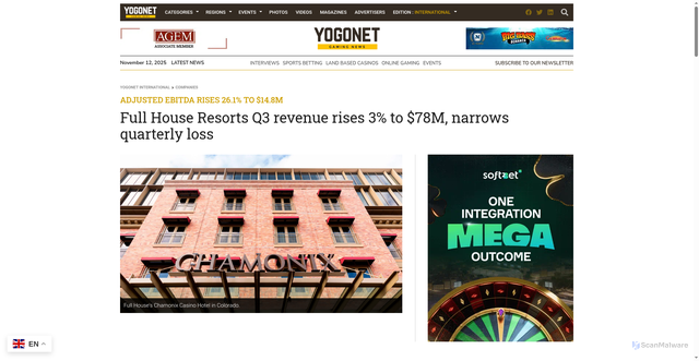 Security scan screenshot of https://www.yogonet.com/international/news/2025/11/10/116242-full-house-resorts-q3-revenue-rises-3-to-78m-narrows-quarterly-loss